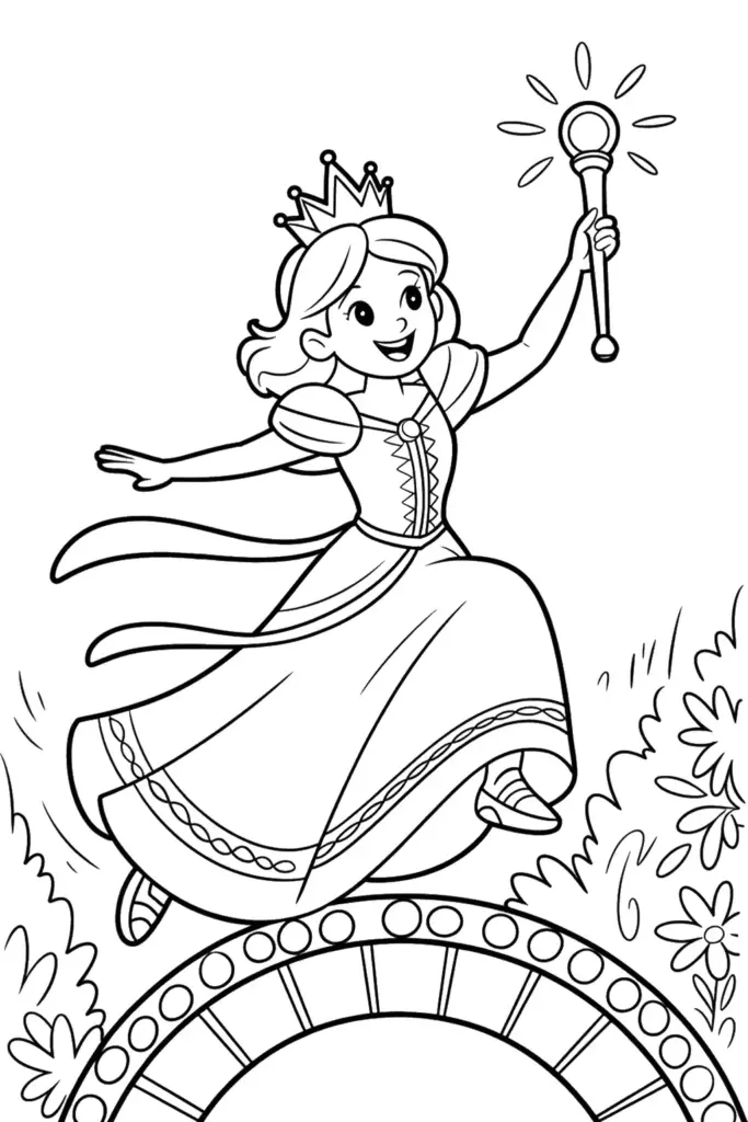 Cartoon princess in crown holding magic wand, jumping