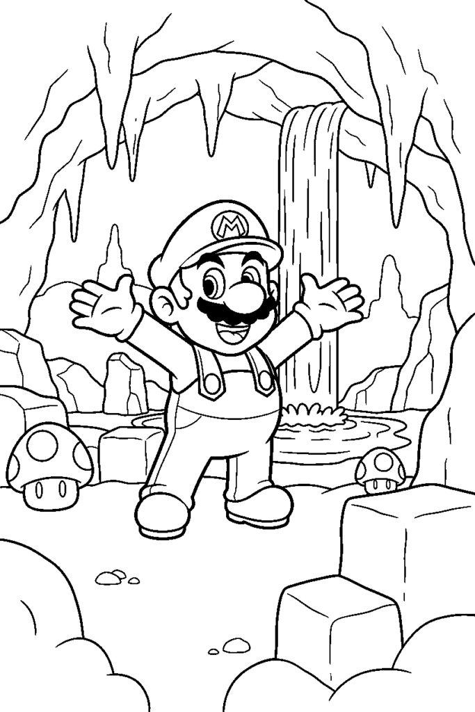 Mario standing in a cave with mushrooms and waterfall