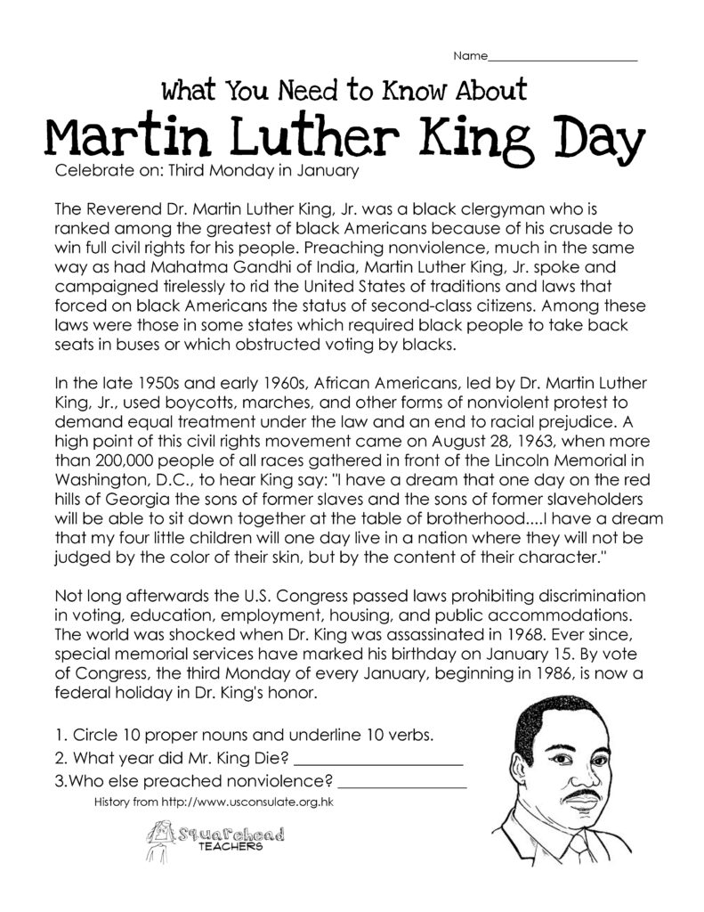 Martin Luther King Day worksheet with text and portrait