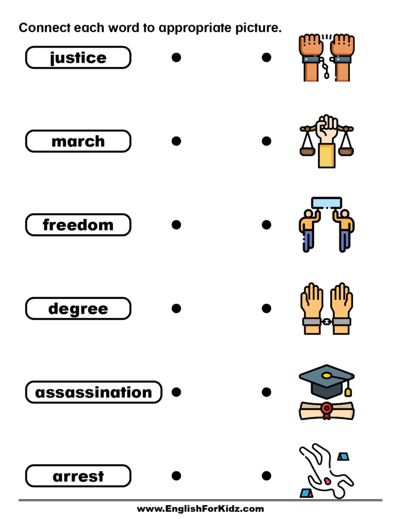 Worksheet matching words to justice-themed pictures
