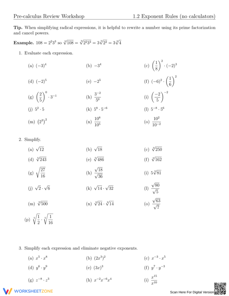 Pre-calculus exponent rules worksheet page with problems and QR code