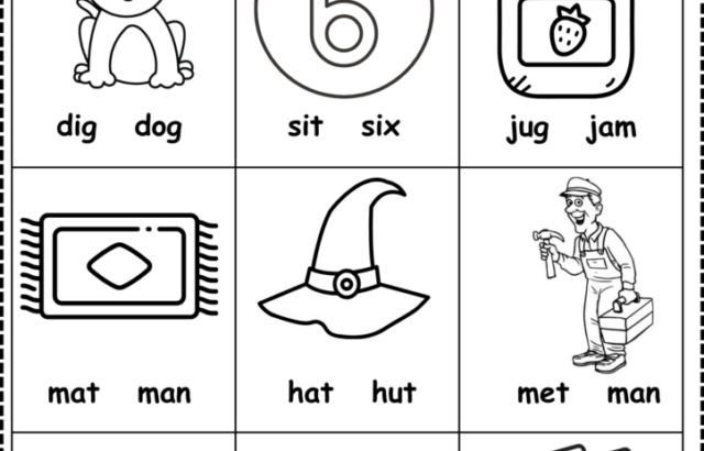 Black-and-white phonics worksheet with picture-word choices