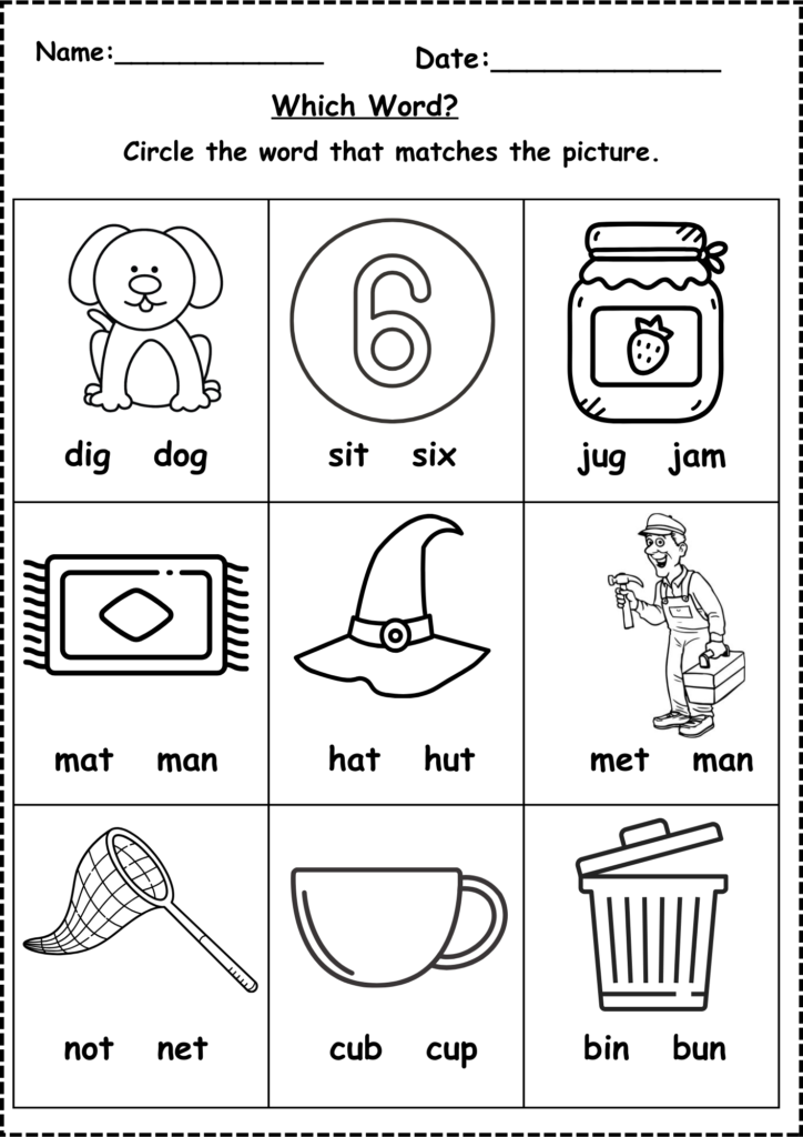Black-and-white phonics worksheet with picture-word choices