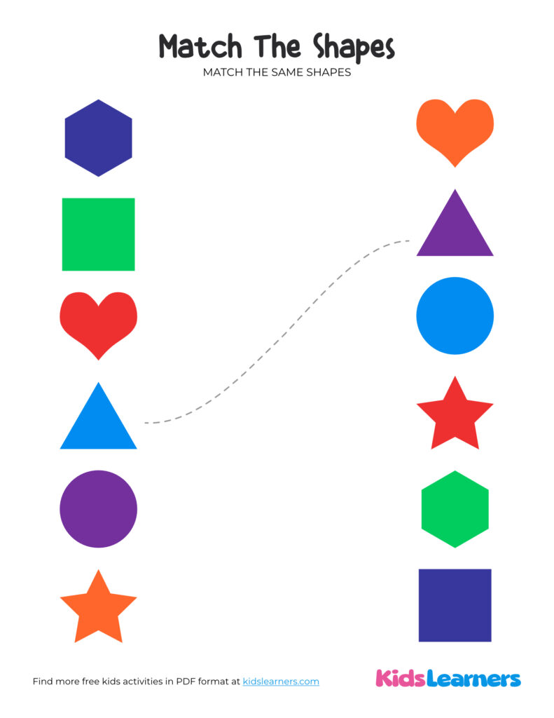 Colorful shapes matching worksheet with title and dotted line