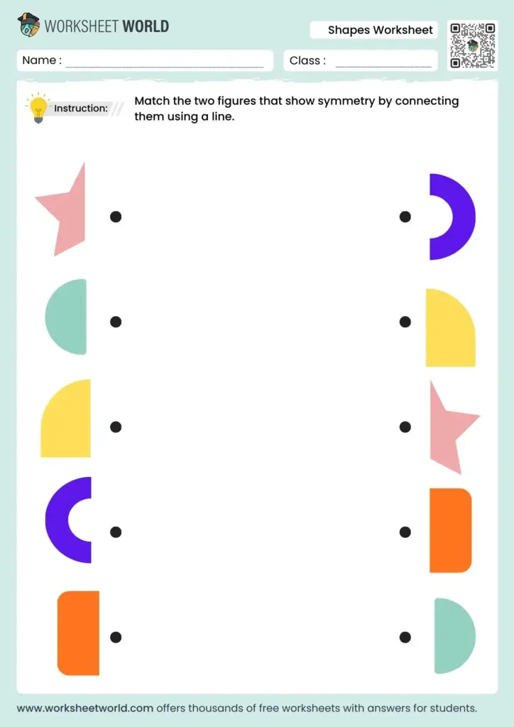 Shapes symmetry worksheet with colored figures and dots