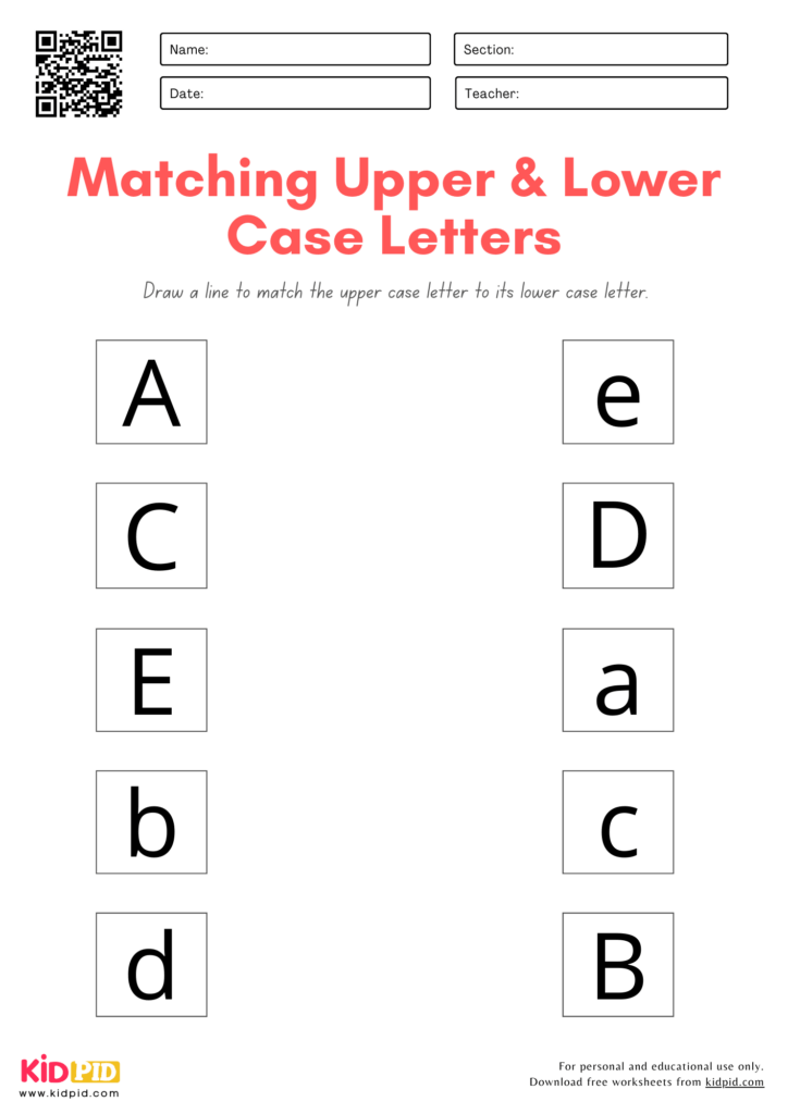 Alphabet matching worksheet with upper and lowercase letters