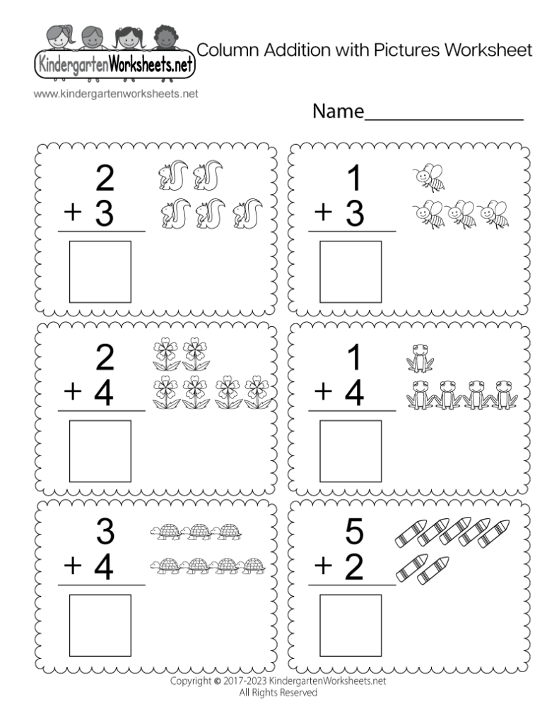 Kindergarten addition worksheet with pictures and blank boxes