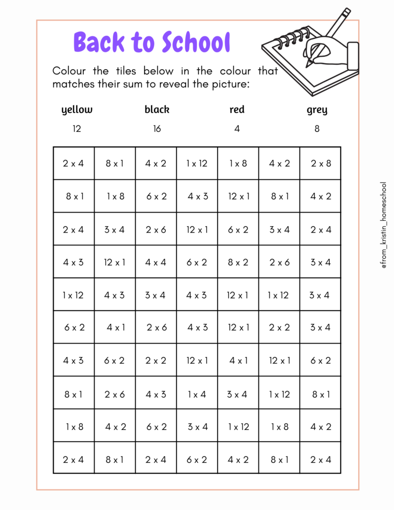 Back-to-school multiplication color-by-number worksheet