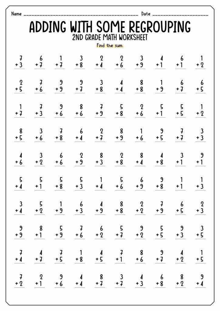 Second grade adding with regrouping math worksheet page