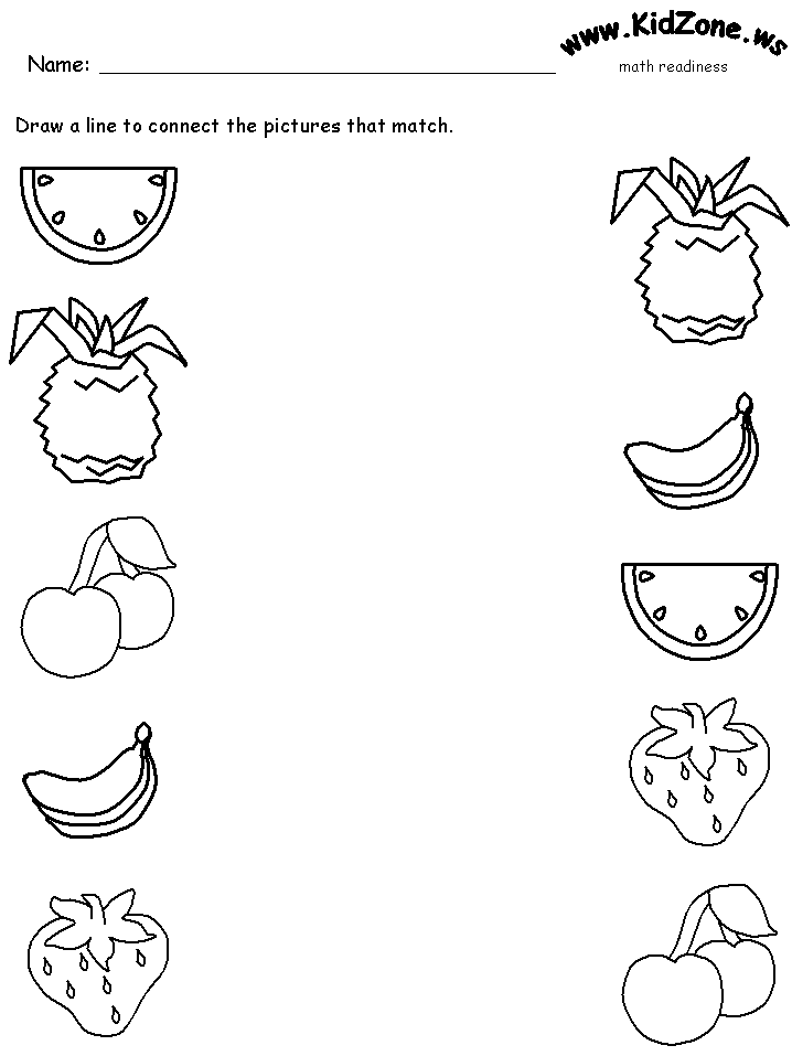 Black-and-white worksheet with fruit matching pictures and lines