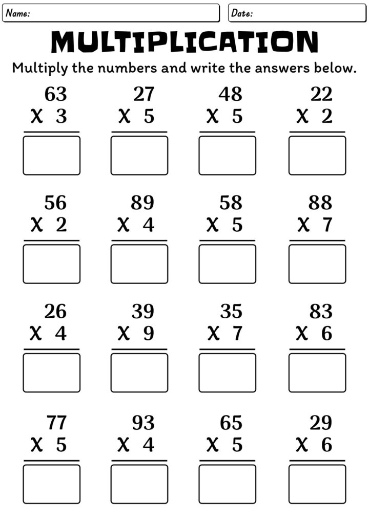 Multiplication worksheet with name and date lines, problems and answer boxes