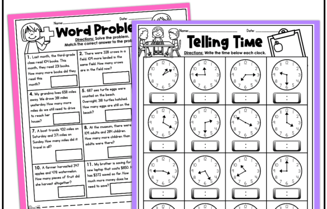 Two math worksheets with clocks and word problems