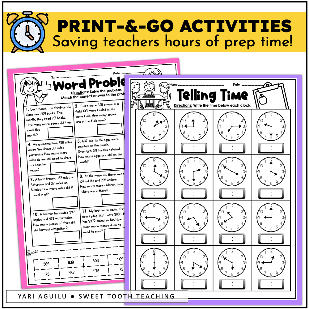 Two math worksheets with clocks and word problems