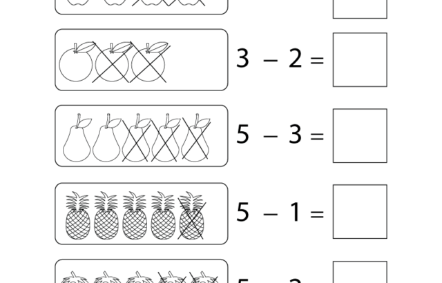 Fruit picture subtraction worksheet with six problems