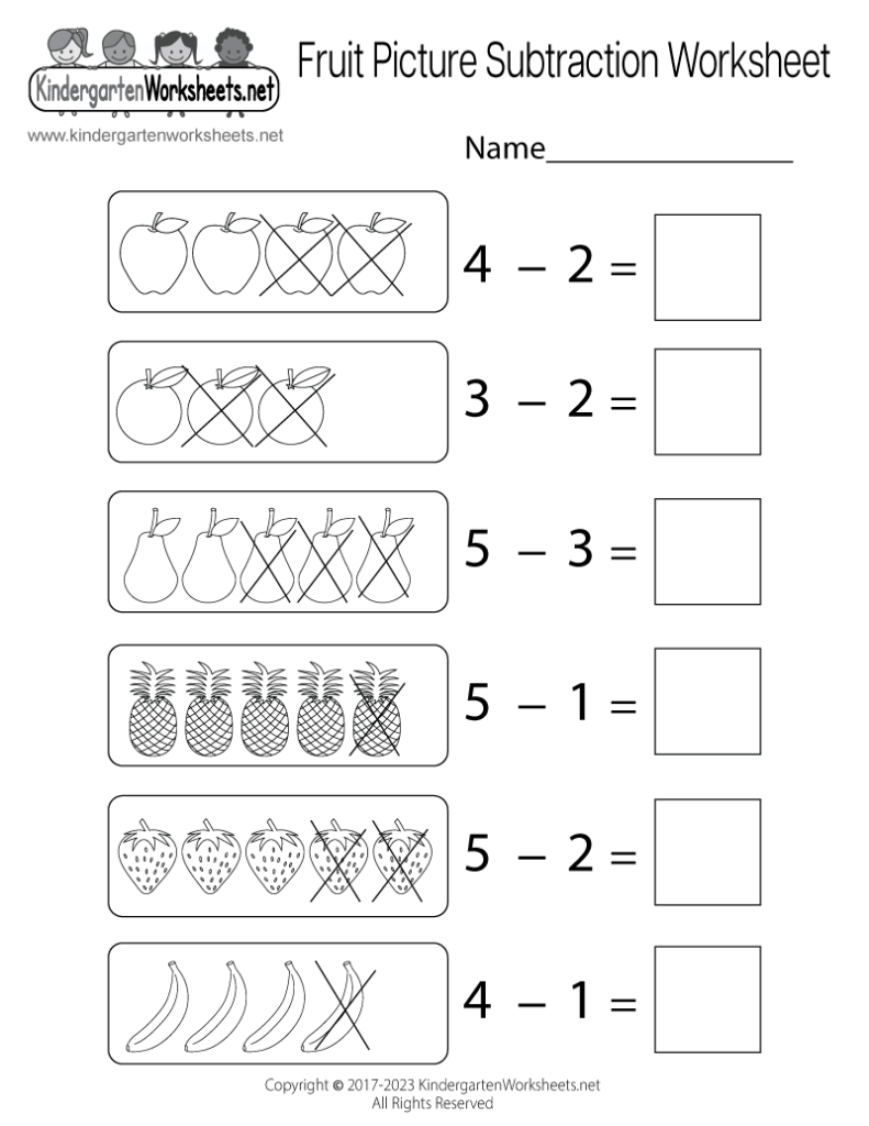 Fruit picture subtraction worksheet with six problems