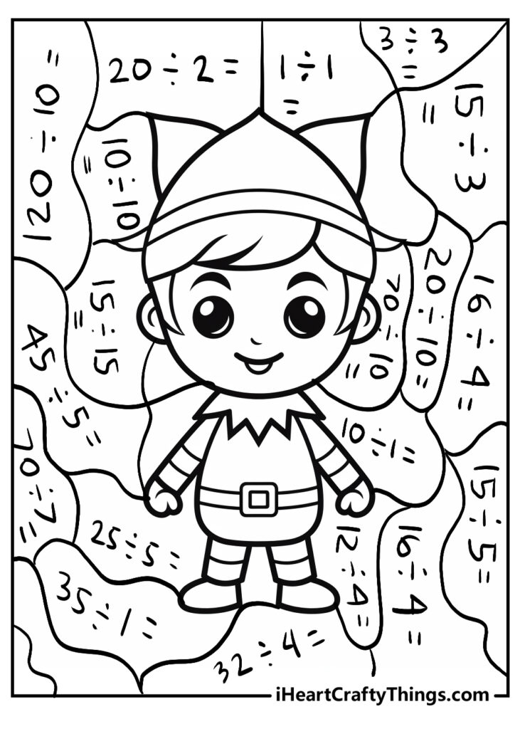 Black-and-white coloring page of an elf with equations