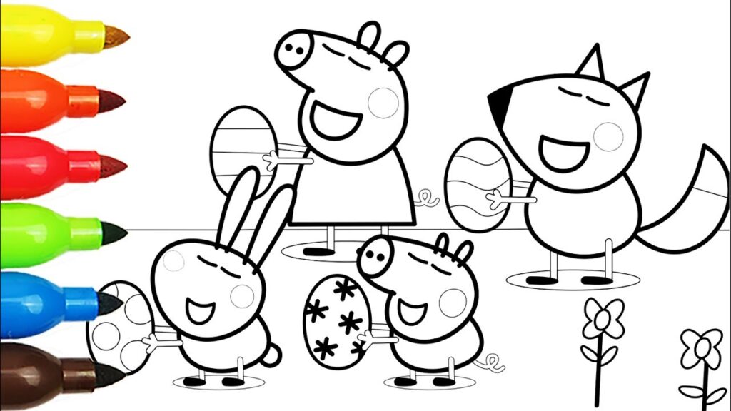 Cartoon animals holding decorated Easter eggs, with markers at left