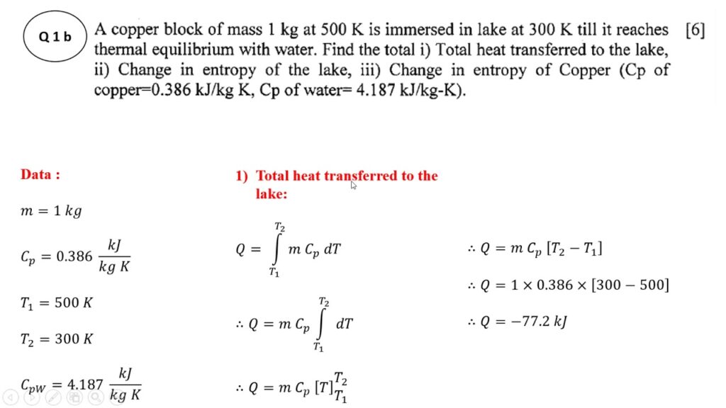 Thermodynamics problem sheet with copper block calculations