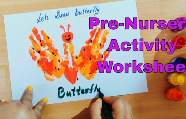 Child painting butterfly on worksheet with paint bottles and pen