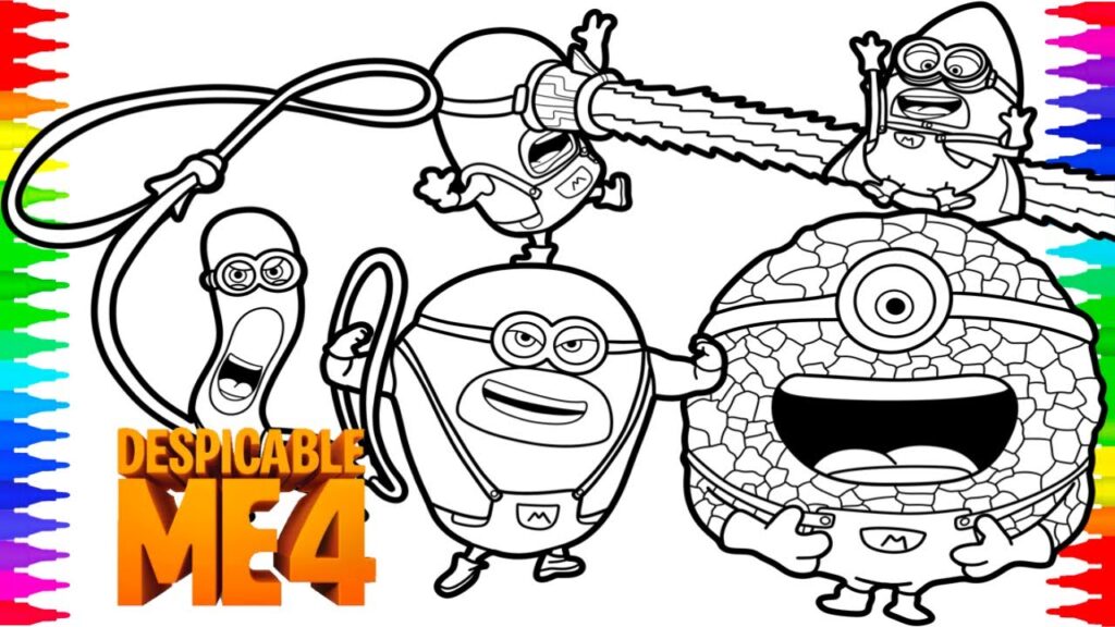 Minions coloring page with rope and chainsaw action scene