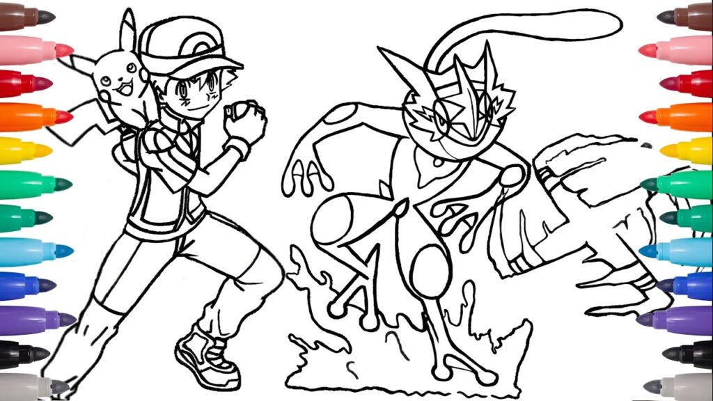 Pokémon coloring page with Ash and Greninja outlines