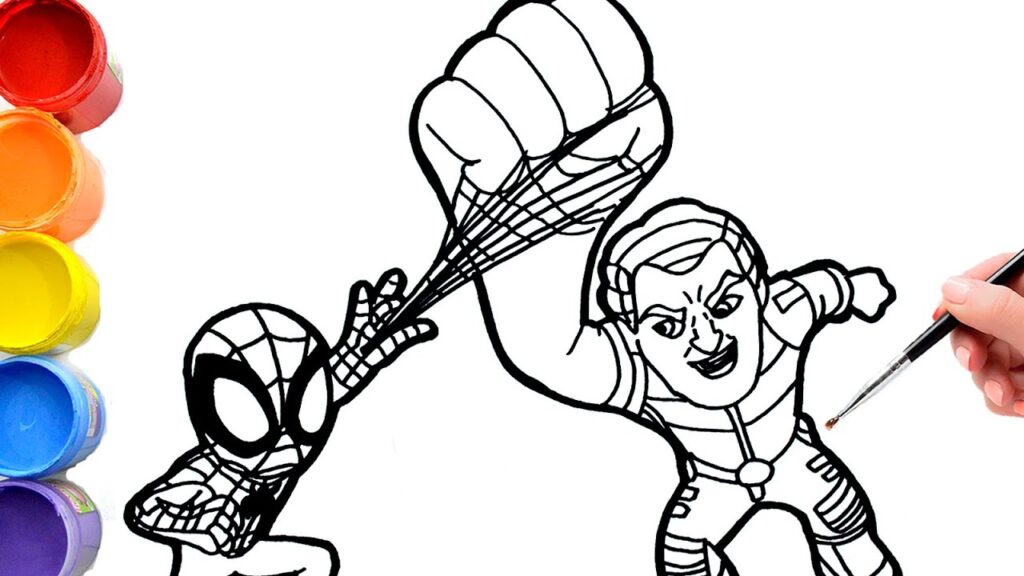 Spider-Man and female superhero coloring page being painted