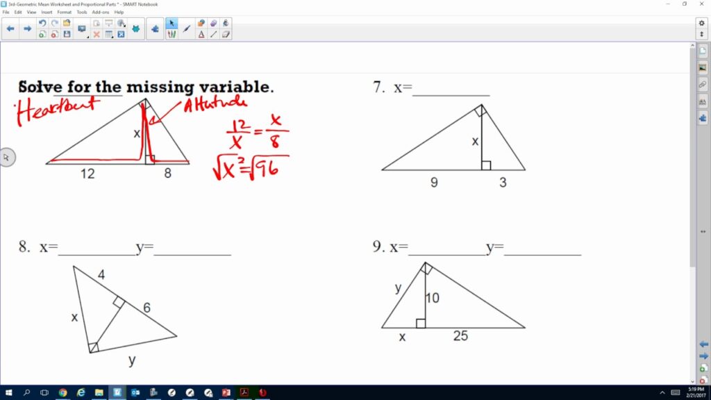 Geometry worksheet on a computer screen with triangle diagrams