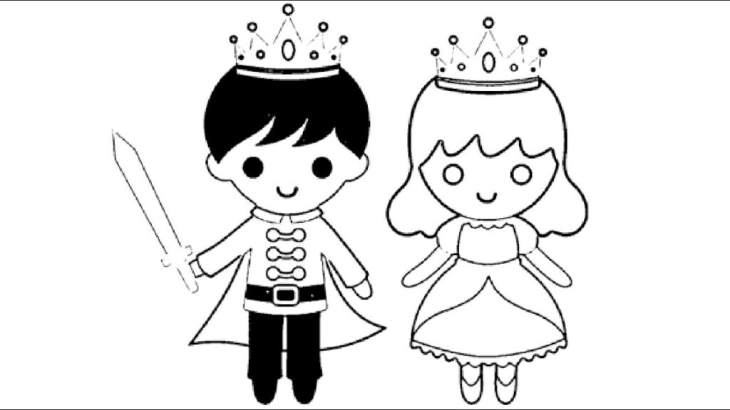 Cartoon prince and princess wearing crowns, on white background