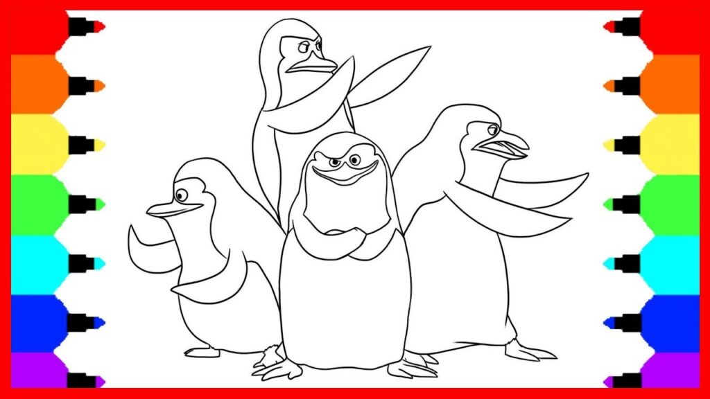 Four cartoon penguins on a coloring page