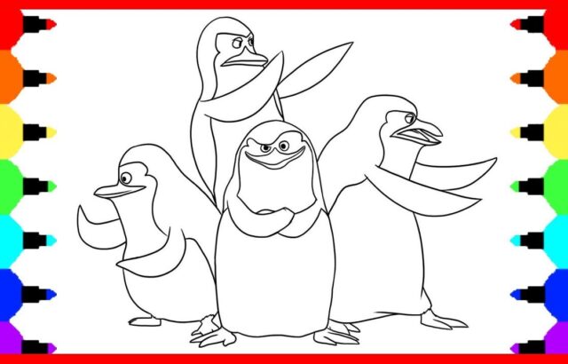 Four cartoon penguins on a coloring page