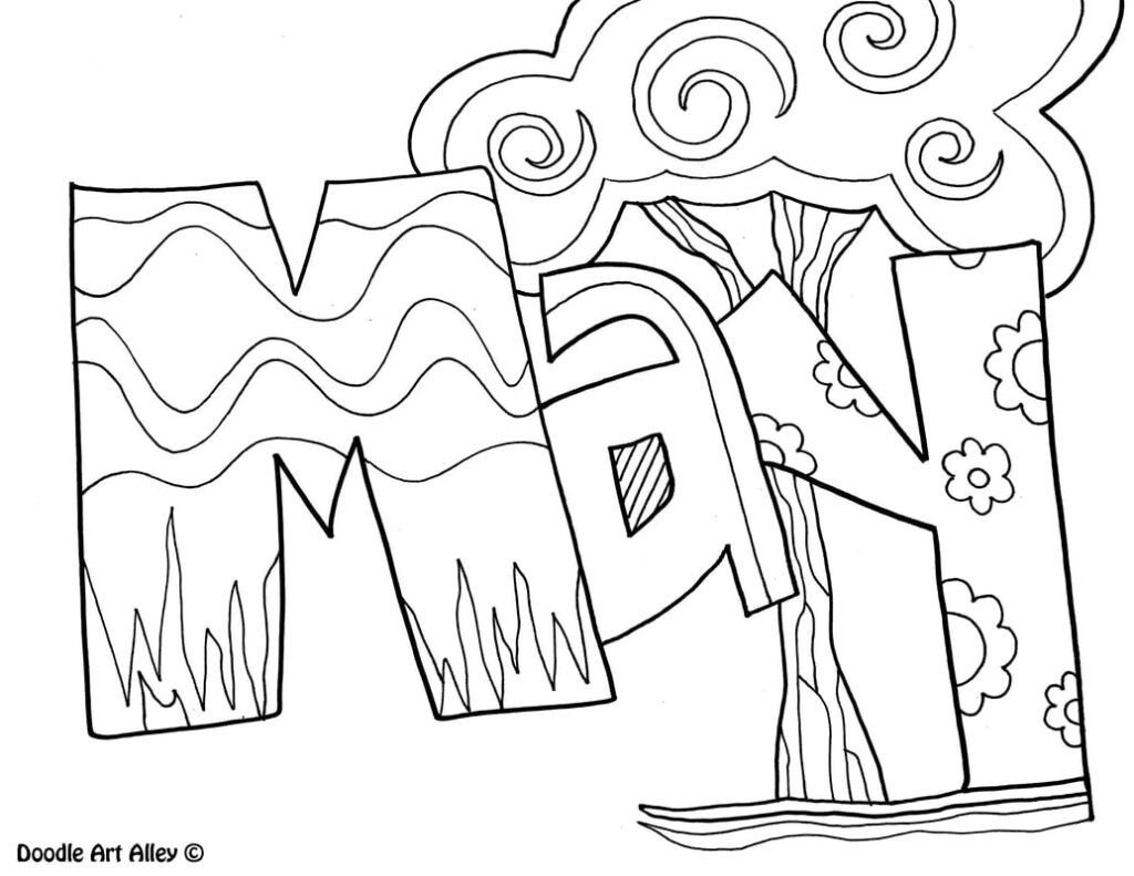 Black-and-white doodle art letters spelling MATH with swirls
