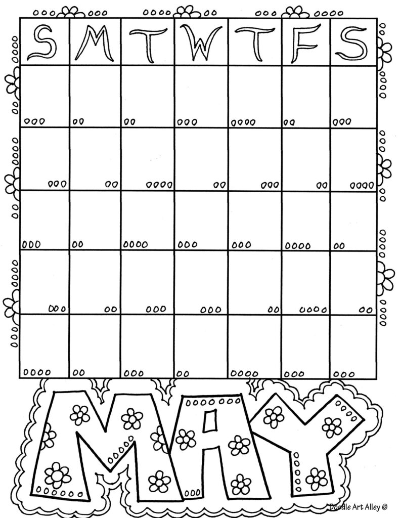 Black-and-white May calendar coloring page with empty grid and floral border