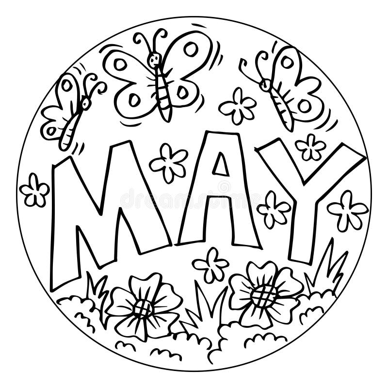 May lettering with butterflies and flowers inside circle