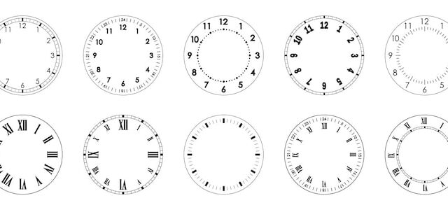 Ten blank clock faces with different markings and numerals
