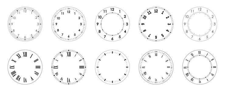 Ten blank clock faces with different markings and numerals