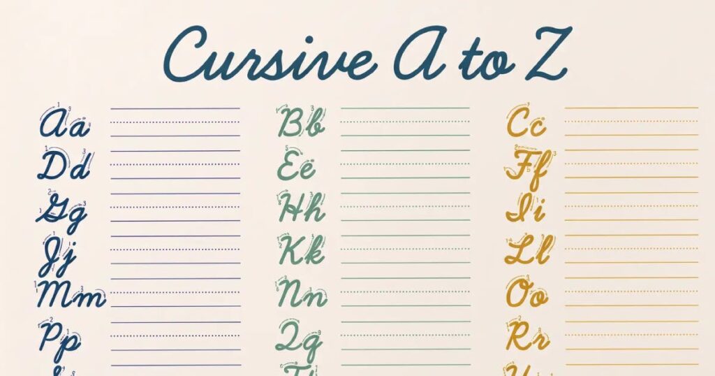 Cursive alphabet worksheet with colored letter pairs and lines