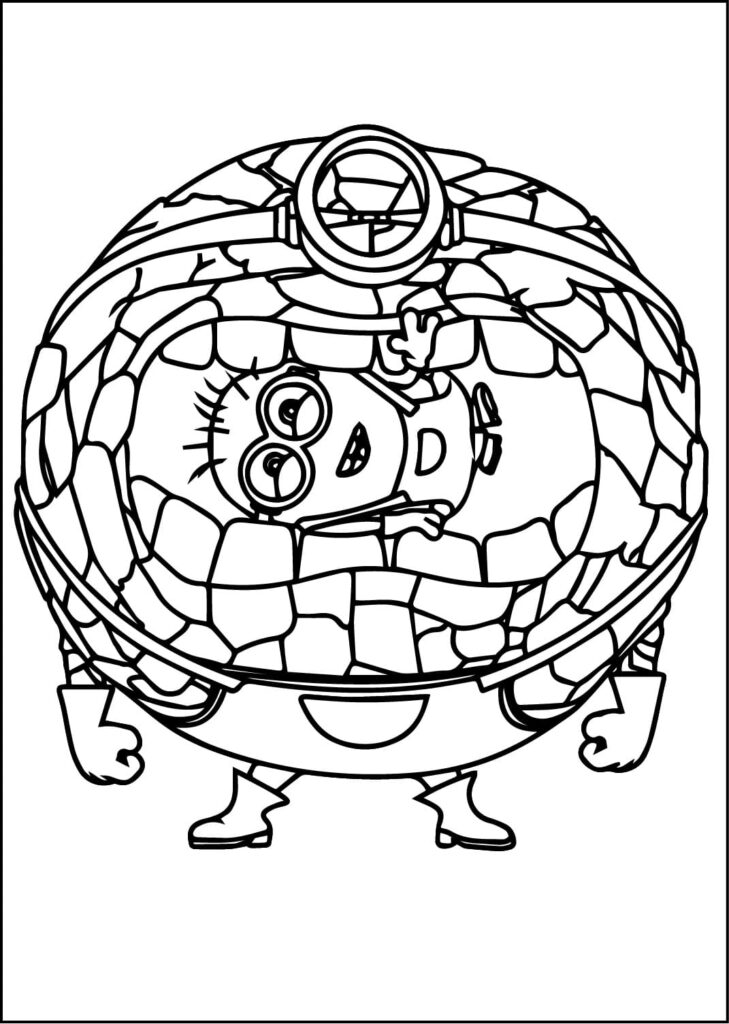 Black-and-white cartoon character inside cracked stone egg shell