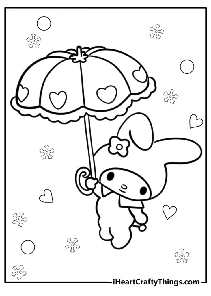 Cute cartoon bunny holding umbrella with hearts and snowflakes