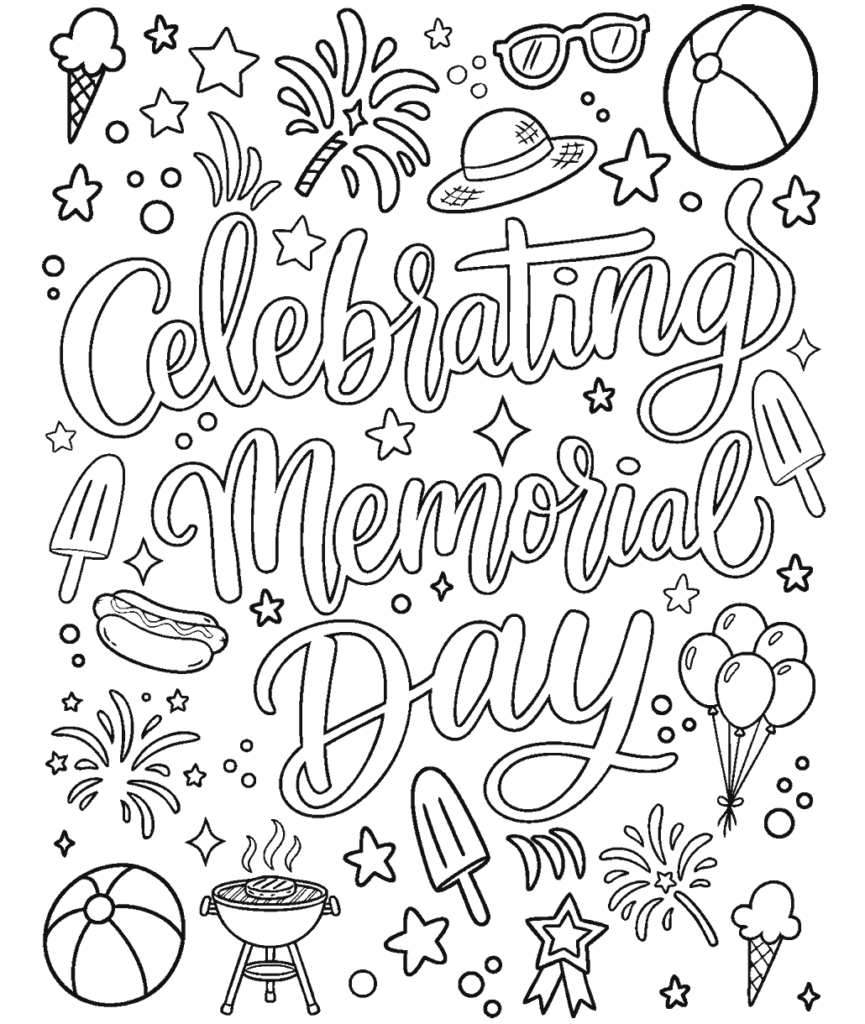 Celebratory Memorial Day coloring page with stars and fireworks