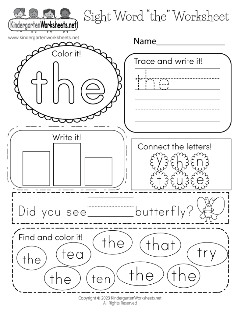 Sight word worksheet for “the” with practice sections and butterfly