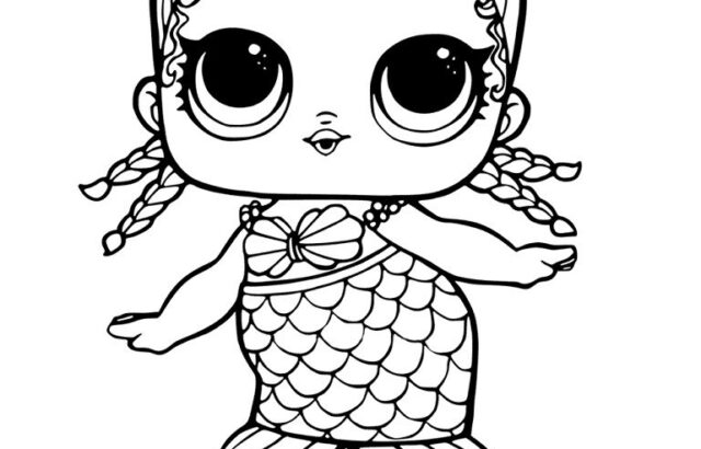 Black-and-white cartoon doll with mermaid tail scales