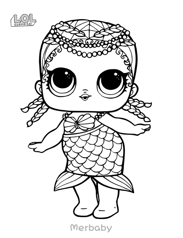 Black-and-white cartoon doll with mermaid tail scales