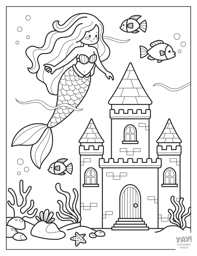 Mermaid beside underwater castle with fish