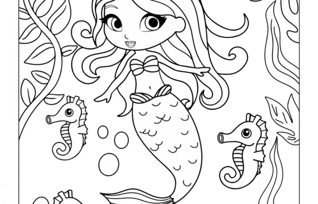 Mermaid coloring page with seahorses and seaweed