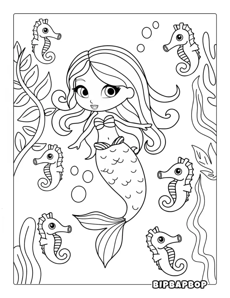 Mermaid coloring page with seahorses and seaweed