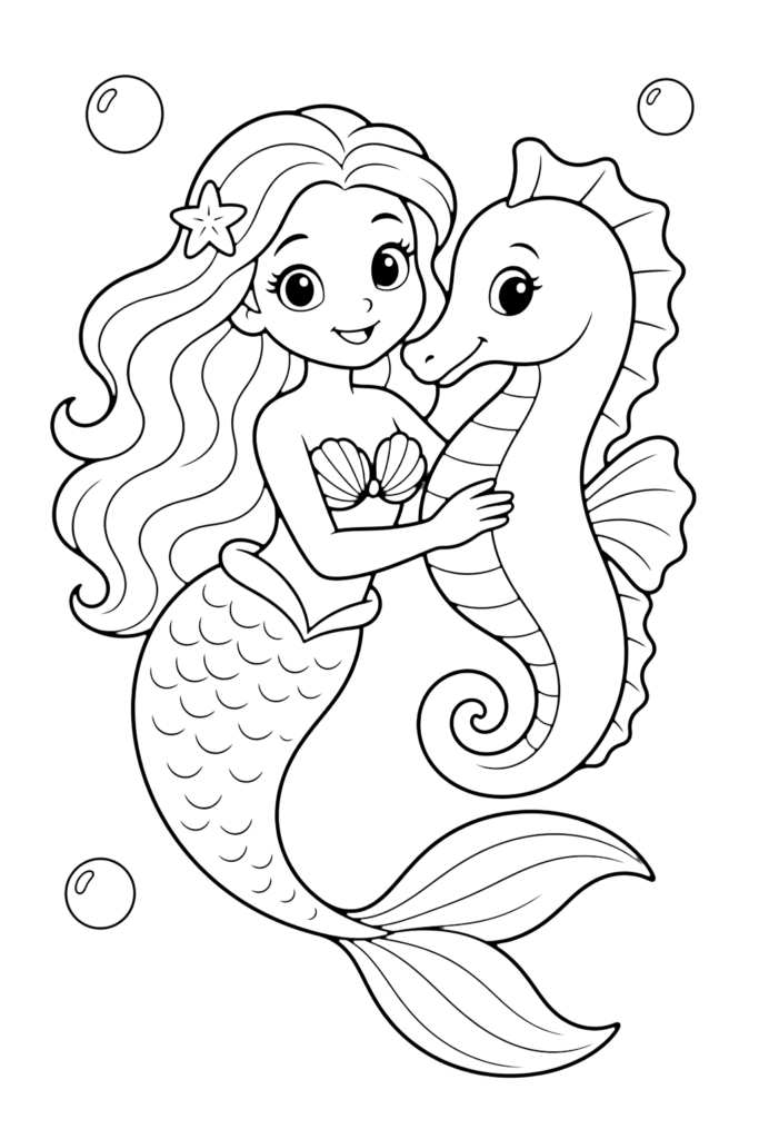 Mermaid girl hugging a seahorse coloring page