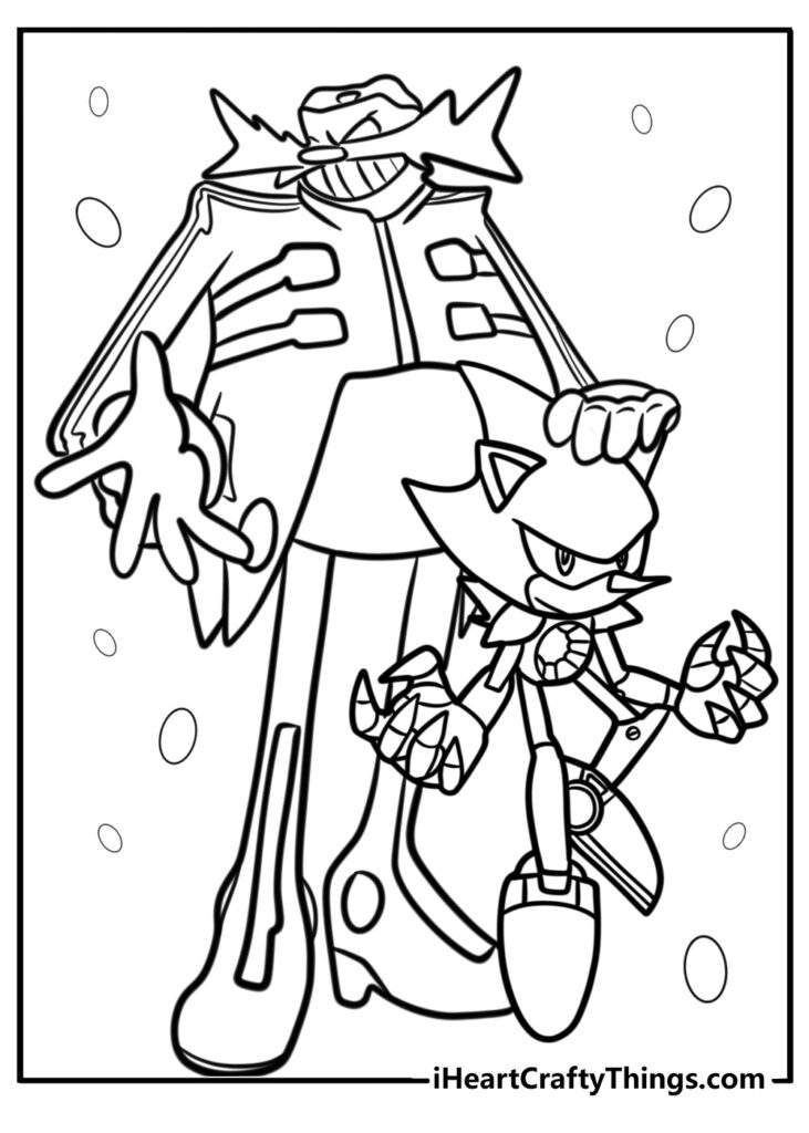 Black-and-white cartoon of a tall villain with a smaller hedgehog character