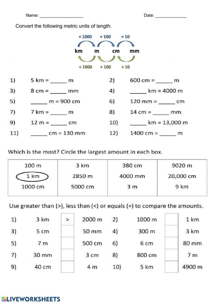 Metric unit conversion worksheet with comparison problems