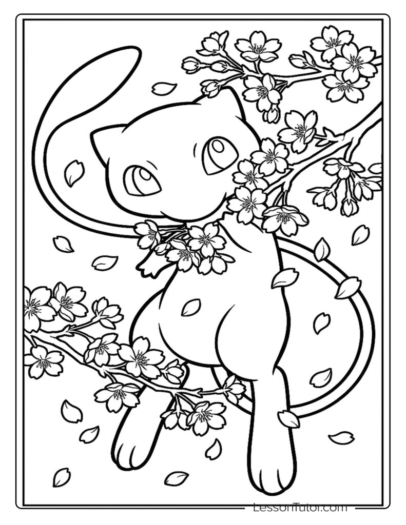 Black-and-white cartoon cat among cherry blossoms, line drawing