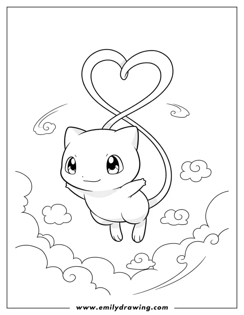 Cartoon cat floating with heart-shaped tail in clouds
